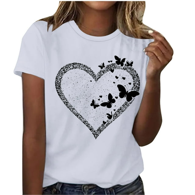 Floleo T-Shirt à Col Rond Imprimé pour Femme Lover à Manches Courtes Confortable Polyvalent Tenue Décontractée Haut Stylé (Blanc, 2TG)