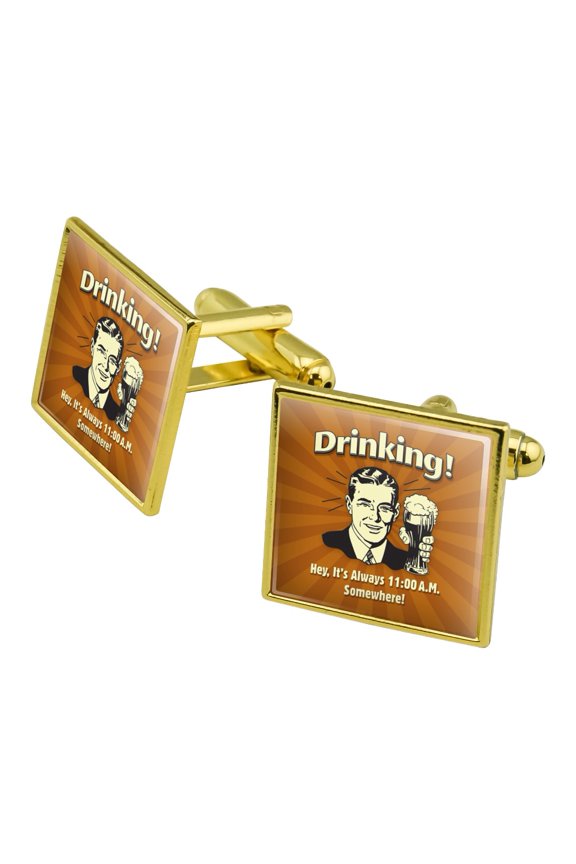 Drinking It's Always 11am Somewhere Funny Humor Square Cufflink Set - Silver or Gold
