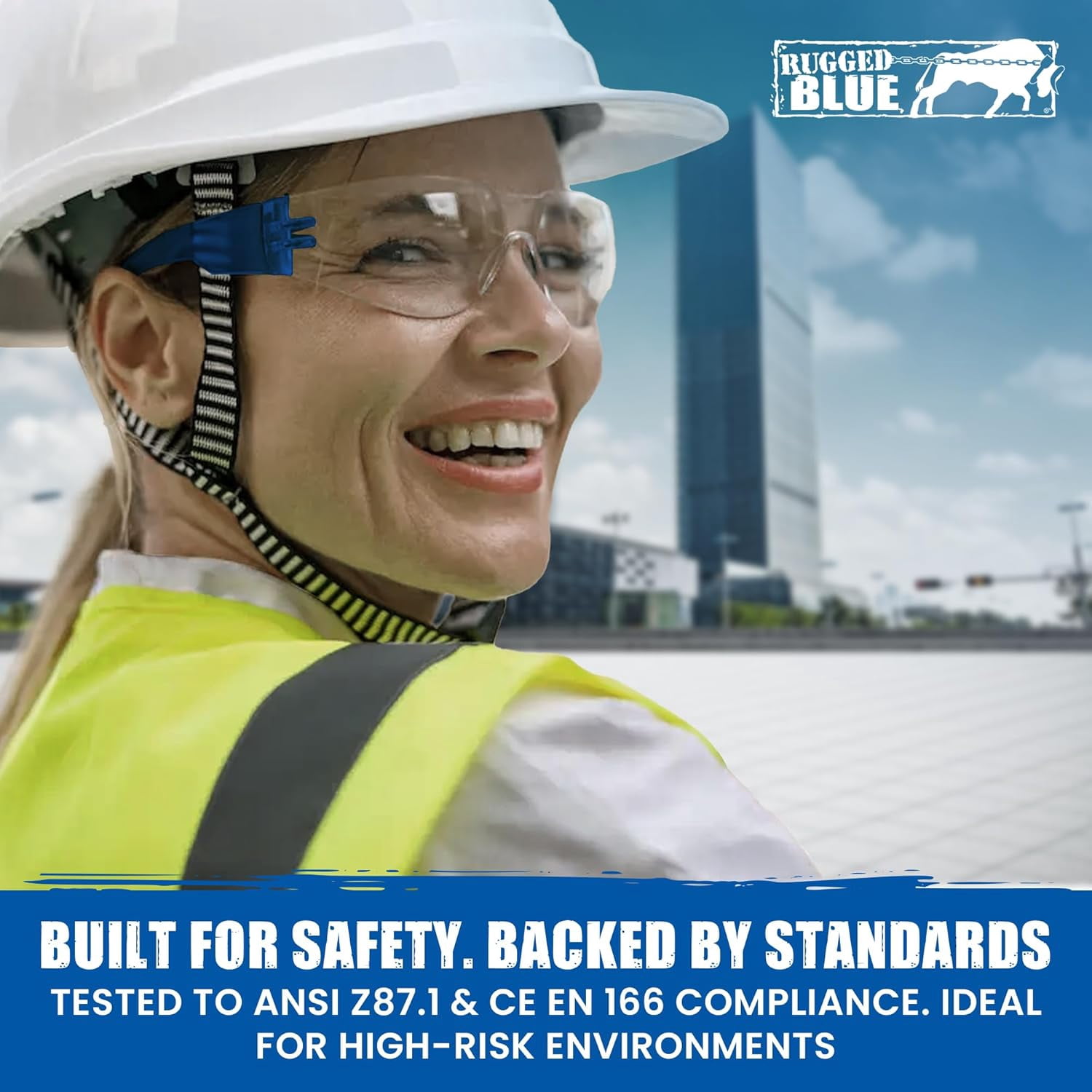 Rugged Blue Diablo Safety Glasses - Blue Frame -12 Pack | Clear Lens Protective Eyewear | Lightweight Frameless Design | Scratch-Resistant Lens for Work Construction Lab and Industrial Use
