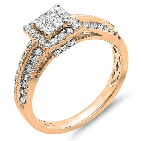 1.00 Carat (ctw) 10K Rose Gold Princess & Round Cut Diamond Ladies Bridal Engagement Ring 1 CT