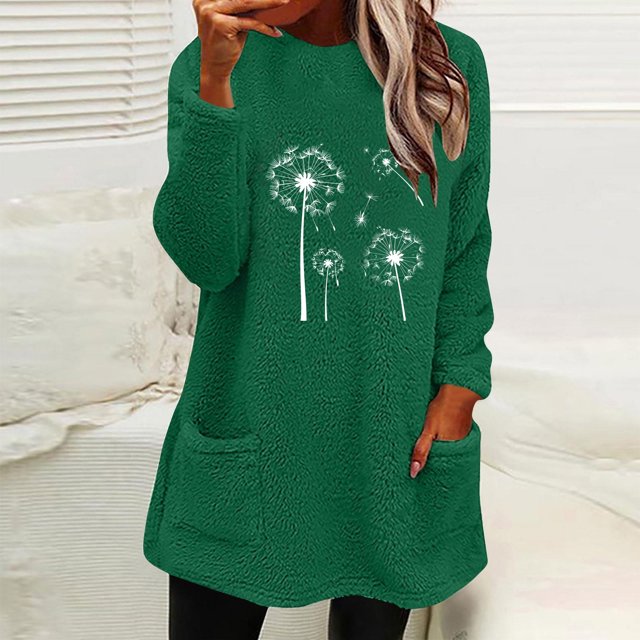 RKSTN Blouses pour Femmes Col Rond Manches Longues Poche Imprimée et Hiver Épais Chaud Haut en Peluche Blouses pour Femmes Habillées Décontractées