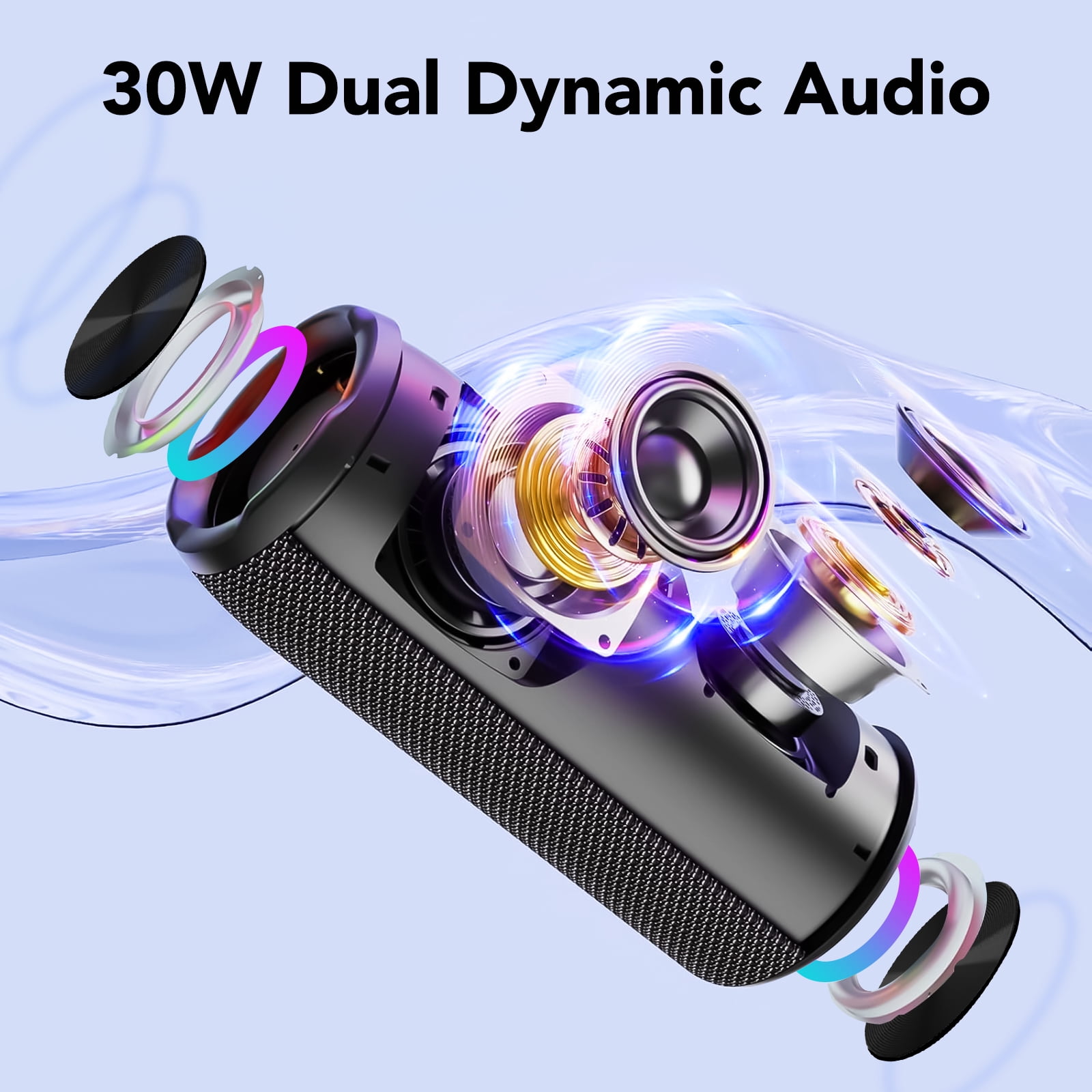 Portable Bluetooth Speaker IPX7 Waterproof, 30W Loud Sound, Deep Bass, Bluetooth 5.4, LED Lights, Wireless Stereo Pairing, 24H Playtime, for Home/Outdoor/Party/Beach, Birthday Gift (Black)