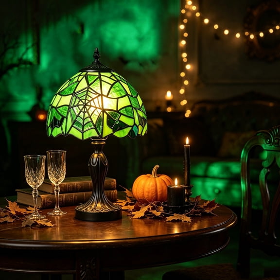 Halloween Decor Gothic Web Stained Glass Desk Lamp, Night Light for Bedroom Living Room Home Decor 11.8in