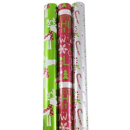 JAM Paper Wrapping Paper, Premium Foil Gift Wrap, 75 Sq Ft, Holiday Jingle Set,