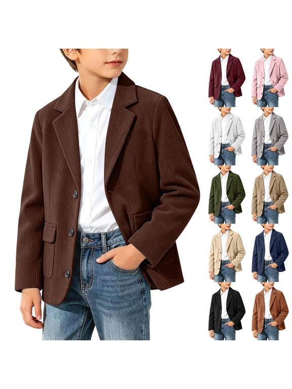 Boys Corduroy Blazer Jacket, 4-14Y Kids Notched Lapel Long Sleeve Button Down Casual Suit Coat with Pockets, Brown 13-14 Years