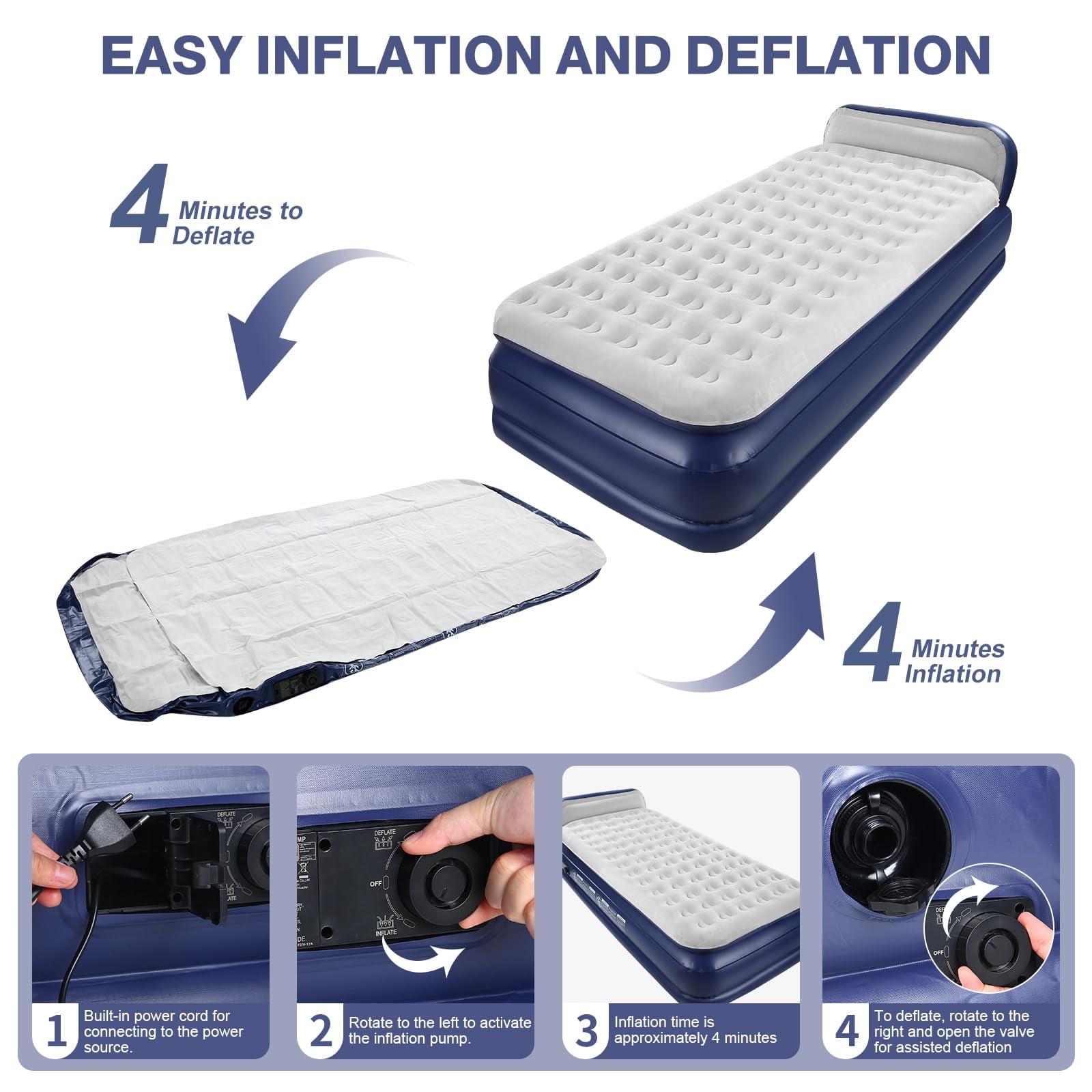 QDH Air Mattress with Headboard Twin XL Size – Built-in Electric Pump Comfort-Plush Enhanced Coil Technology Mattress for Home, Travel & Camping - Durable Blow Up Mattress