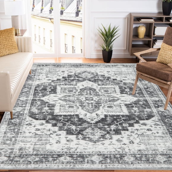 HOMERRY Area Rug 8' x 10' Floral Rug for Living Room Washable Rug Stain Resistant Non-Shed Indoor Carpet Low Pile Mat, Gray