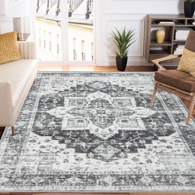 HOMERRY Large Area Rug 9' x 12' Floral Rug for Living Room Washable Rug Stain Resistant Non-Shed Indoor Carpet Low Pile Mat, Gray