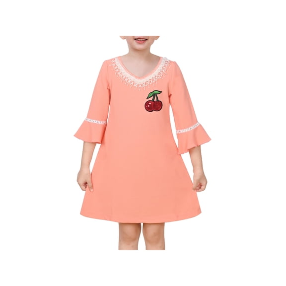 Sunny Fashion Girls Dress Lace Trim Bell Sleeve Cherry Applique Pearl A-Line Casual 3 Years