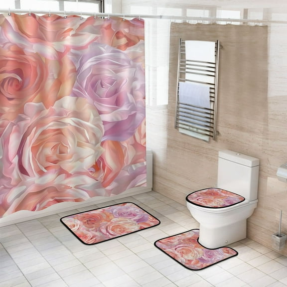 4 Pcs Luxury Rose Flower Bathroom Shower Curtain Set with 12 Hooks Bath Mat Toilet Lid Cover