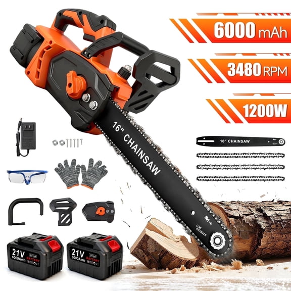 16 inch Cordless Chainsaw with 2×6.0Ah Batteries, Electric Chainsaw with 3 Chains for Wood Cutting and Yard Work