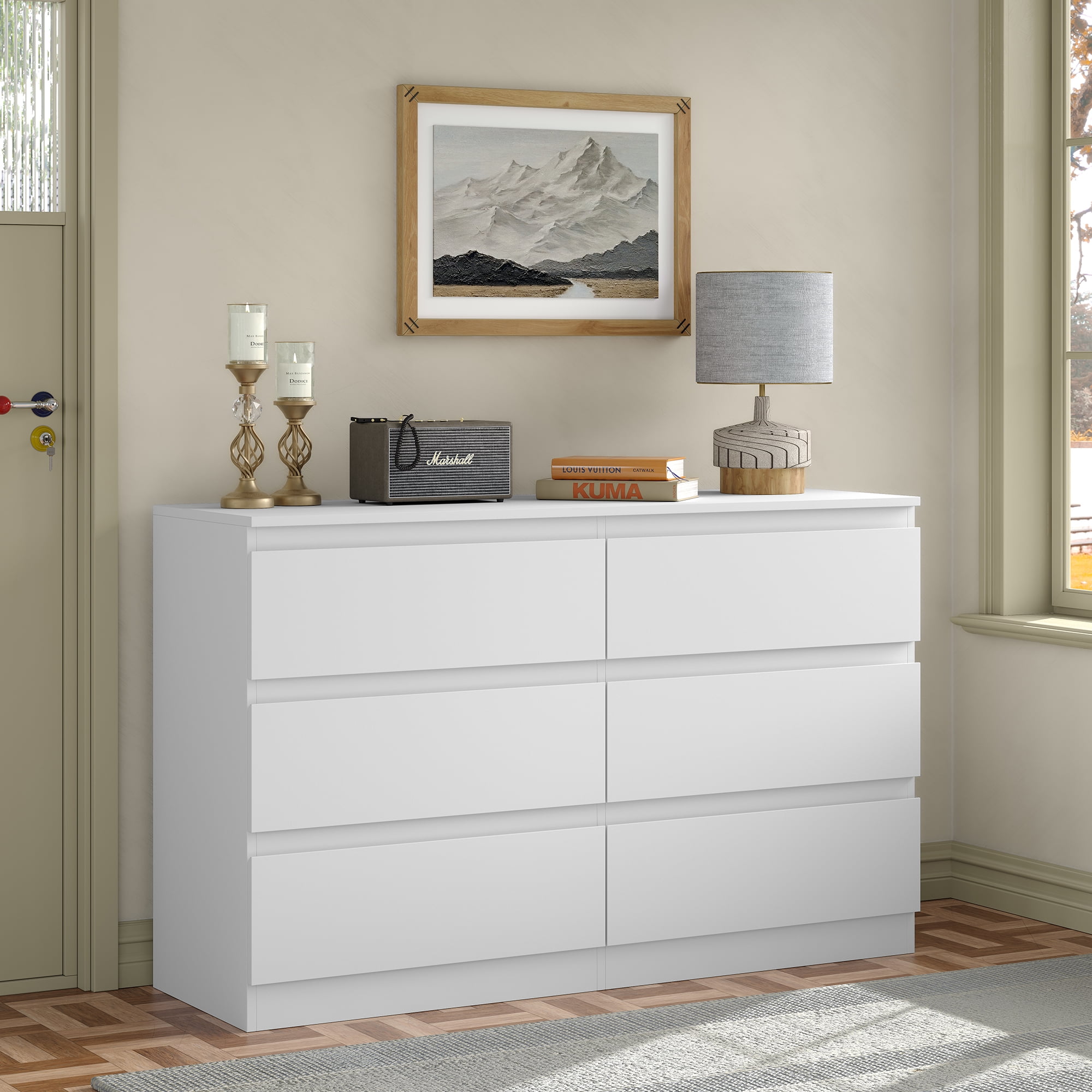 Furnihold 6-Drawer Dresser, 47.3"W Modern Bedroom Dresser, Wood Dresser For Living Room, Bedroom, White