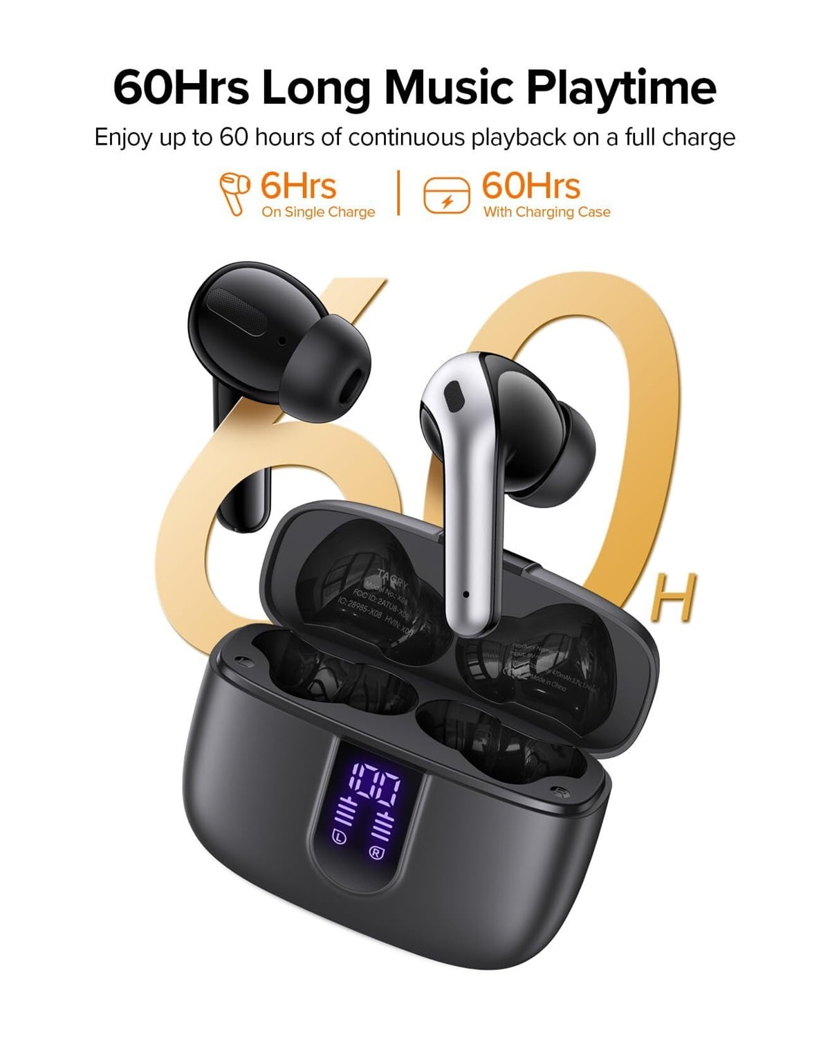 Bluetooth Headphones True Wireless Earbuds 60H Playback LED Power Display Earphones with Wireless Charging Case IPX5 Waterproof in-Ear Ear buds with Mic for TV Smart Phone Laptop Computer Sports