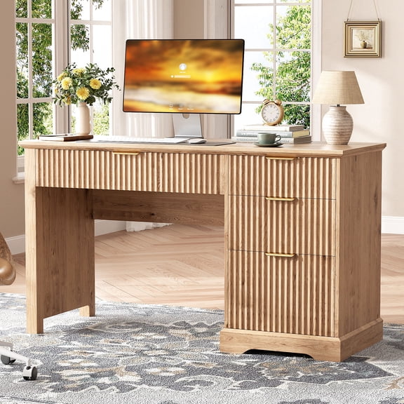 Conate Fluted Executive Desk with Drawers, Oak Home Office Computer Desk