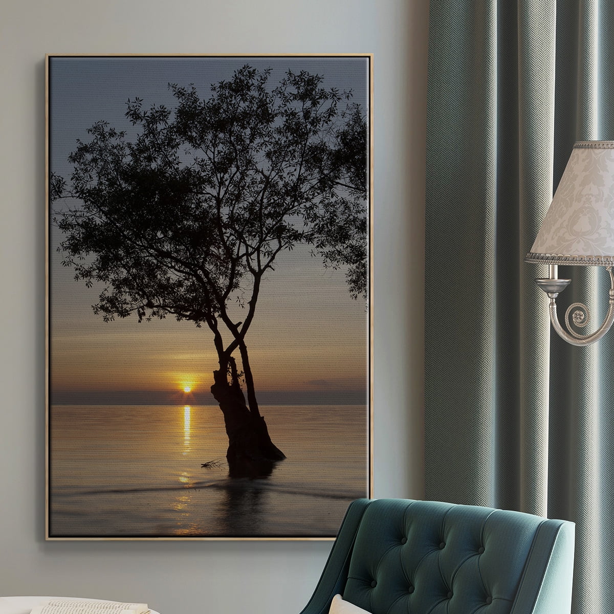 Sunset Silhouette Framed Premium Gallery Wrapped Canvas - Ready to Hang - 25 x 37 - Natural Wood Floating Frame