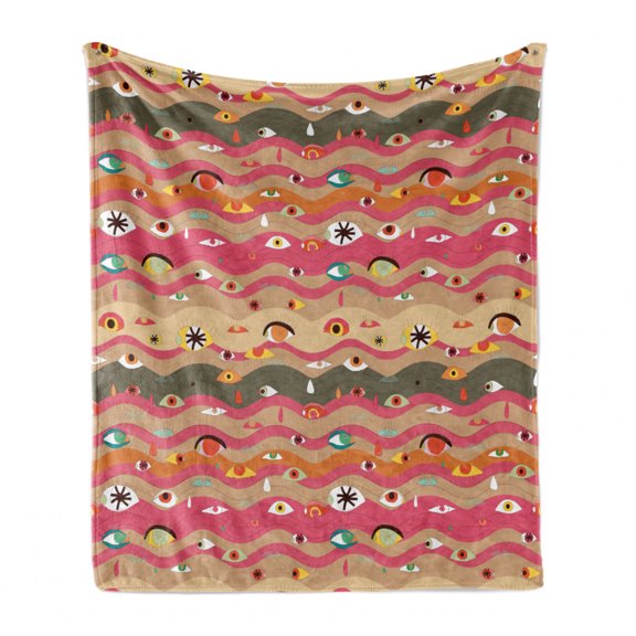 Eye Soft Flannel Fleece Blanket, Psychedelic Groovy Abstract Composition with Various Eyes Wavy Color Lines Hippie Art, Cozy Plush for Indoor and Outdoor Use, 50" x 60", Multicolor, by Ambesonne