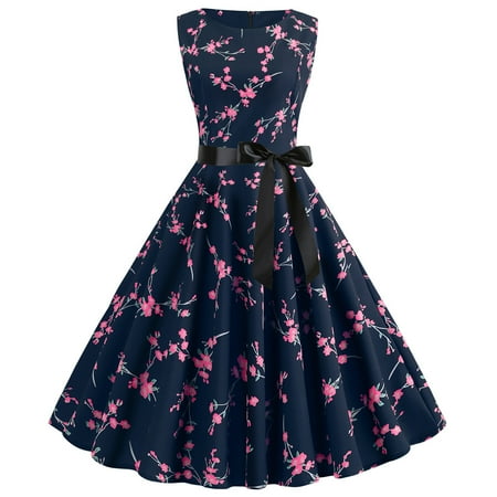 

cllios Tea Party Dress for Women Vintage 1950s Retro Sleeveless Print Evening Party Prom Swing Dresses for women 2023