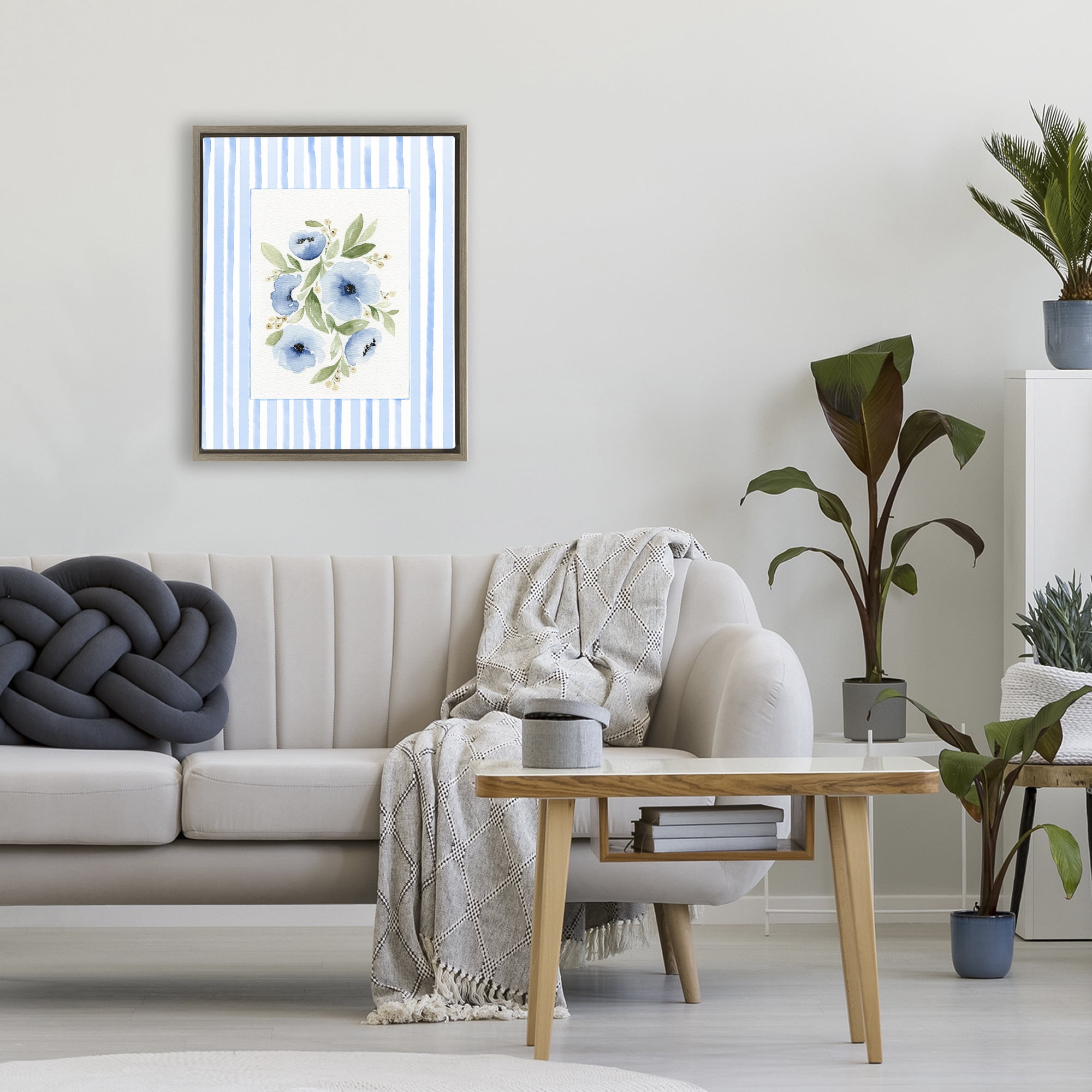 Stupell Industries Flowers With Stripe Border Brown Framed Floater Canvas Wall Art, design by Leah Noel Art