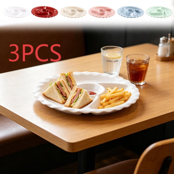 FEOLGEHLY 3PCS Round Plastic Plates, Divided Plates for Adults, Reusable Food Tray, Plastic Plates For Party, Plastic Dinner Plates with Compartments, for Home Travel & Outdoor 10 in (White)
