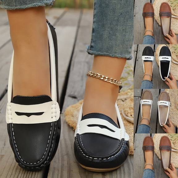 Miluxas Women's Classic Comfort Leather Penny Loafers Casual Slip-Ons Lightweight Walking Flats Driving Boat Shoes Khaki 9(42)