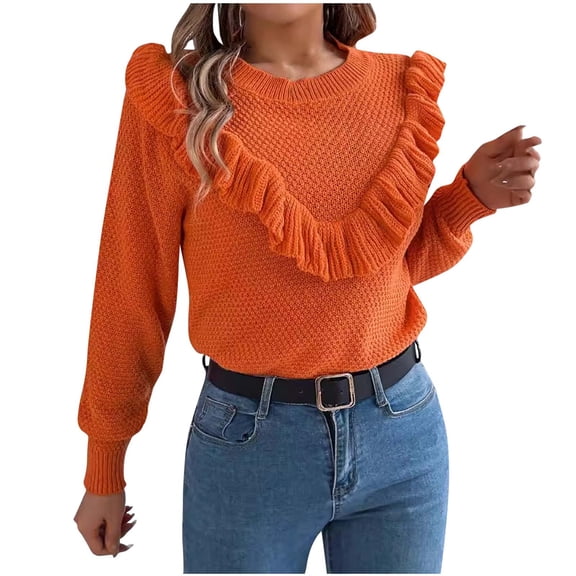 Olyvenn Women's Ruffle Crewneck Sweaters, Long Sleeve Casual Knitted Fall Winter Pullover Elegant Sweater Tops Orange L