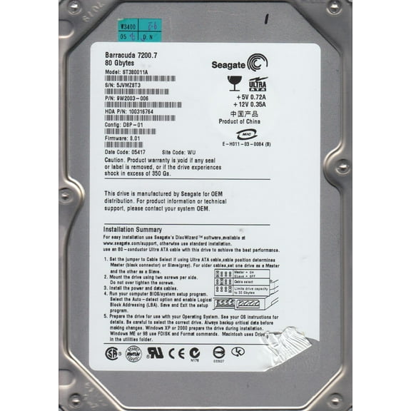 ST380011A, 4JV, TK, PN 9W2003-006, FW 8.01, Seagate 80GB IDE 3.5 Hard Drive