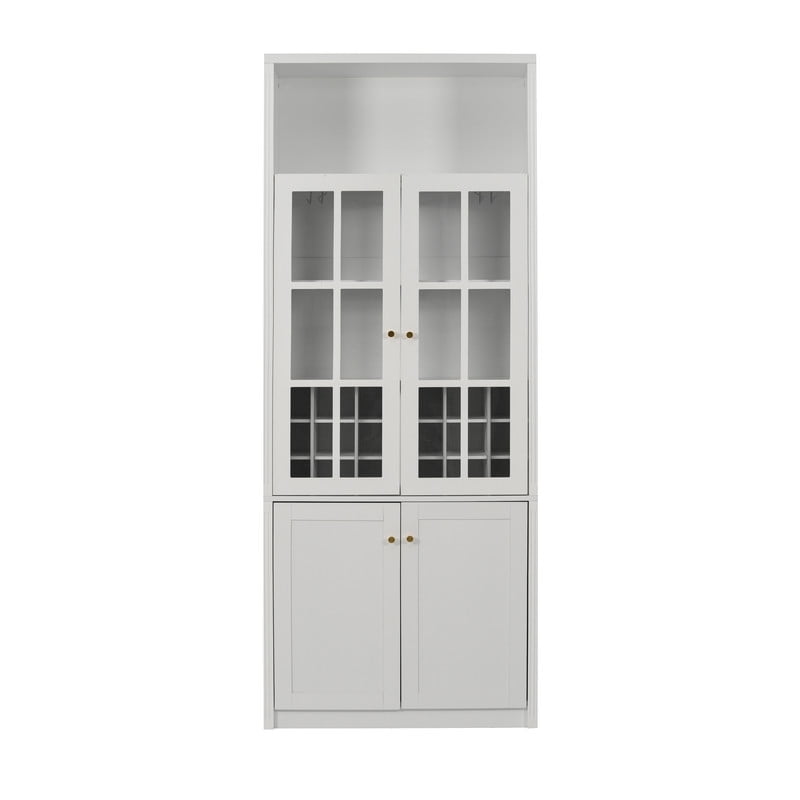 Tall Wine Storage Cabinet with Glass Doors, Freestanding Home Bar Pantry Cabinet with Goblet Rack & 18-Bottle Grid