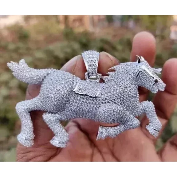 Aishvi Jewels 3Ct Round Cut Real Moissanite Horse Pendant 14K White Gold Plated Silver Free 18" Chain