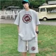 thumbnail image 5 of Conjunto deportivo informal coreano de verano con capucha y estampado de gofres para hombre, pantalones cortos holgados de manga corta, conjunto de 2 piezas, chándal con estampado de moda, 5 of 5