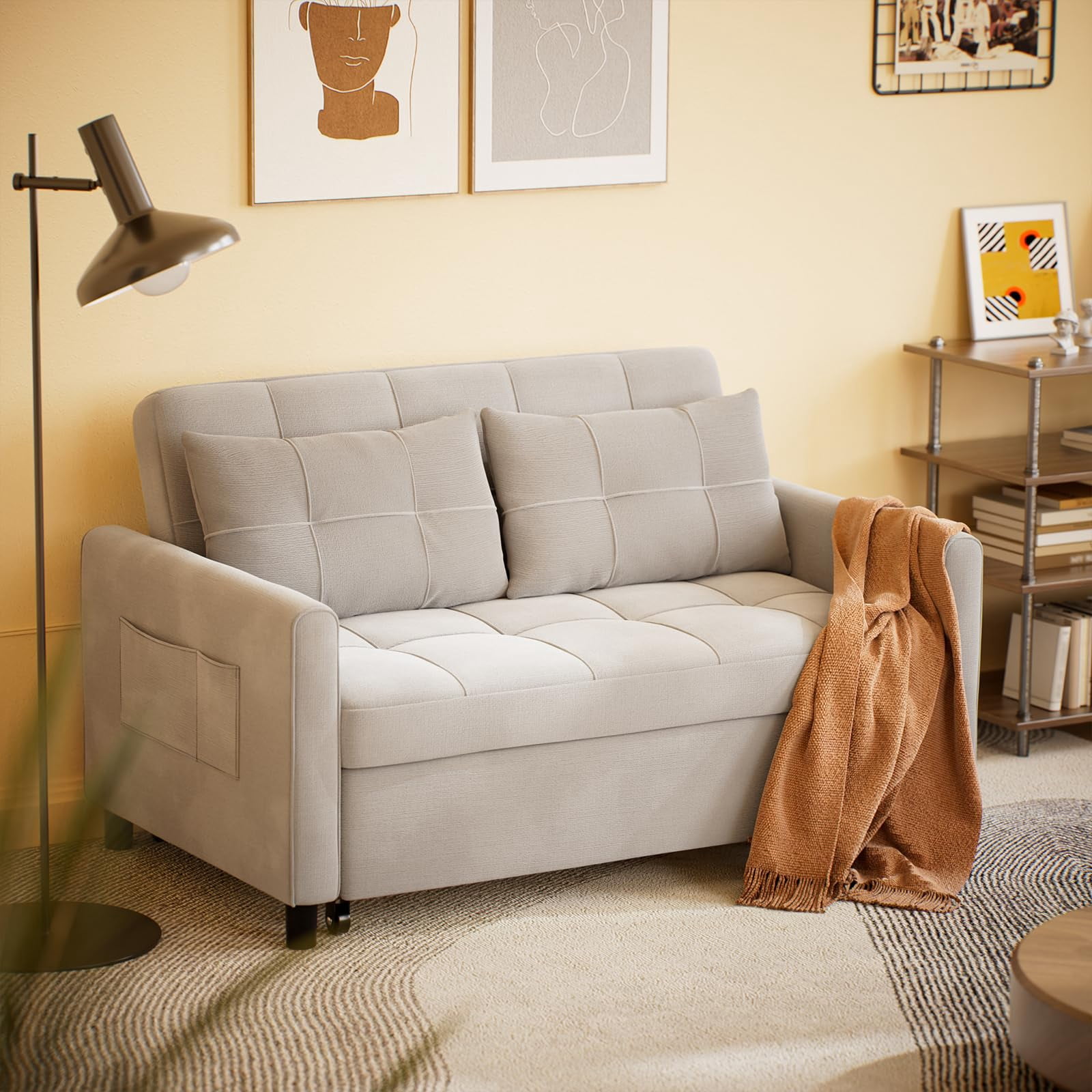 Multifunctional Linen Futon Sofa, 71.7" Expandable Pull-out Guest Bed with 2 Cushions, 3-in-1 Convertible Loveseat for Home Indoor Use, Grey