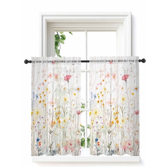 Spring Flowers Tier Curtains 45 Inch Length,Sheer Curtains for Bedroom Living Room,Watercolor Botanical Wild Florals Herbs Rod Pocket Voile Drapes Kitchen Curtains for Small Window 27.5"x45" 2 Panels