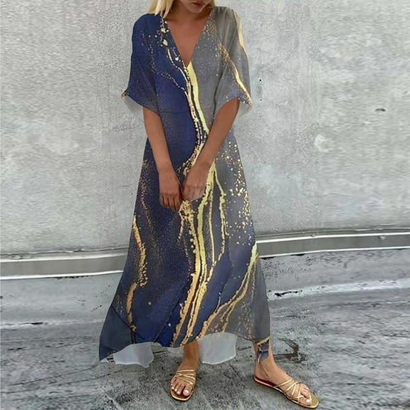 USSUMA 2024 Formal Dresses for Women Beach Fashion Loose Swing Lightweight Chiffon Maxi Sundress Elbow-Length V-Neck Marbled Print 2024 Summer Long Dress for Indoor/Outdoor Blue M