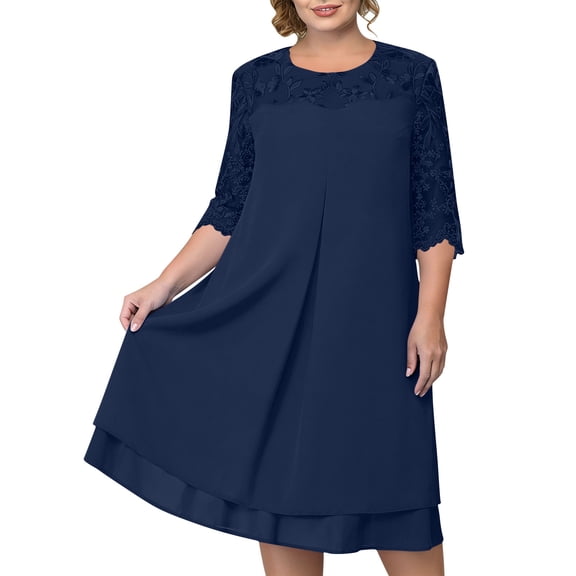 WRKEKC Casual Dresses for Women Embroidered Chiffon Crew Neck Elbow Sleeve Plus Size Midi Lightweight Summer
