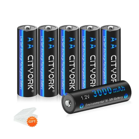 CITYORK 6 Pack 3000mAh AA Batteries 1.2V Ni-MH High Capacity Double-A Rechargeable Batteries with Battery Case
