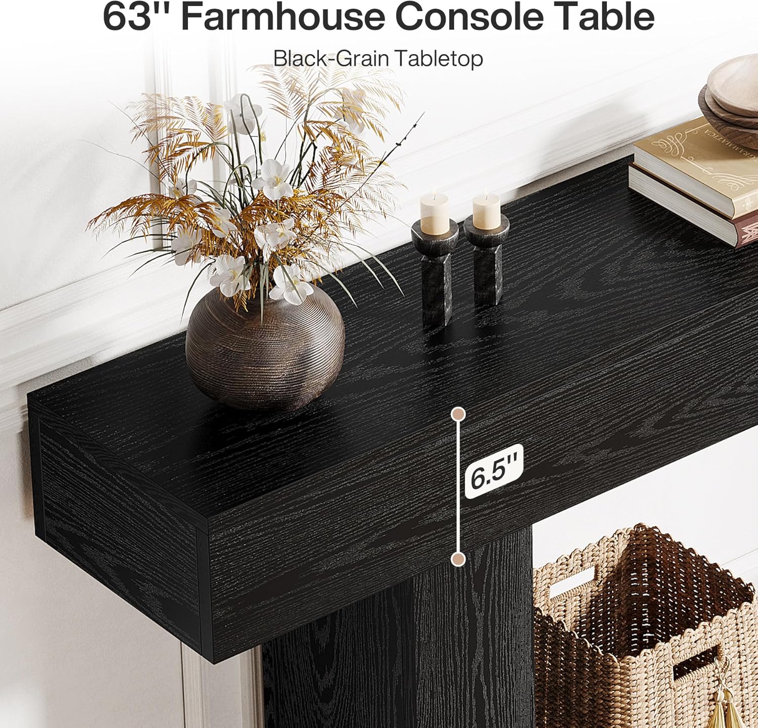 63" Farmhouse 2-Tier Console Table, U-Shaped Base Entryway Table, Narrow Wood Sofa Table Behind Couch for Living Room & Hallway (Black)