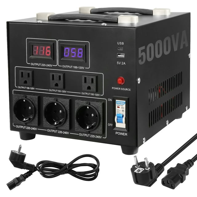 KFFKFF Power Conversion Device, 5000W, Robust Up/Down Transformer, Facilitates Conversion between 110 Volt and 220 Volt, Equipped with US Outlet, EU Outlet and 5V USB Port, CE Certified