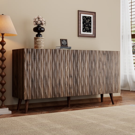 Homhum Wave Accent Cabinet with Storage, 4 Doors Sideboard Buffet, Modern Fluted Cabinet, Brown