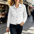 thumbnail image 4 of FDGIU Women's Lapel Button Down Cropped Denim Jacket, Cuffed Long Sleeve Solid Jean Coat with Chest Flap Pockets for Spring Fall Casual Daily Layering, 4 of 5