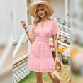 thumbnail image 2 of IBTOM CASTLE Women Short Sleeve Hollow Out Mini Dress Summer Casual Ruffle A-Line V Neck Sundress Beach Lace Vacation Dress XXL Pink, 2 of 8