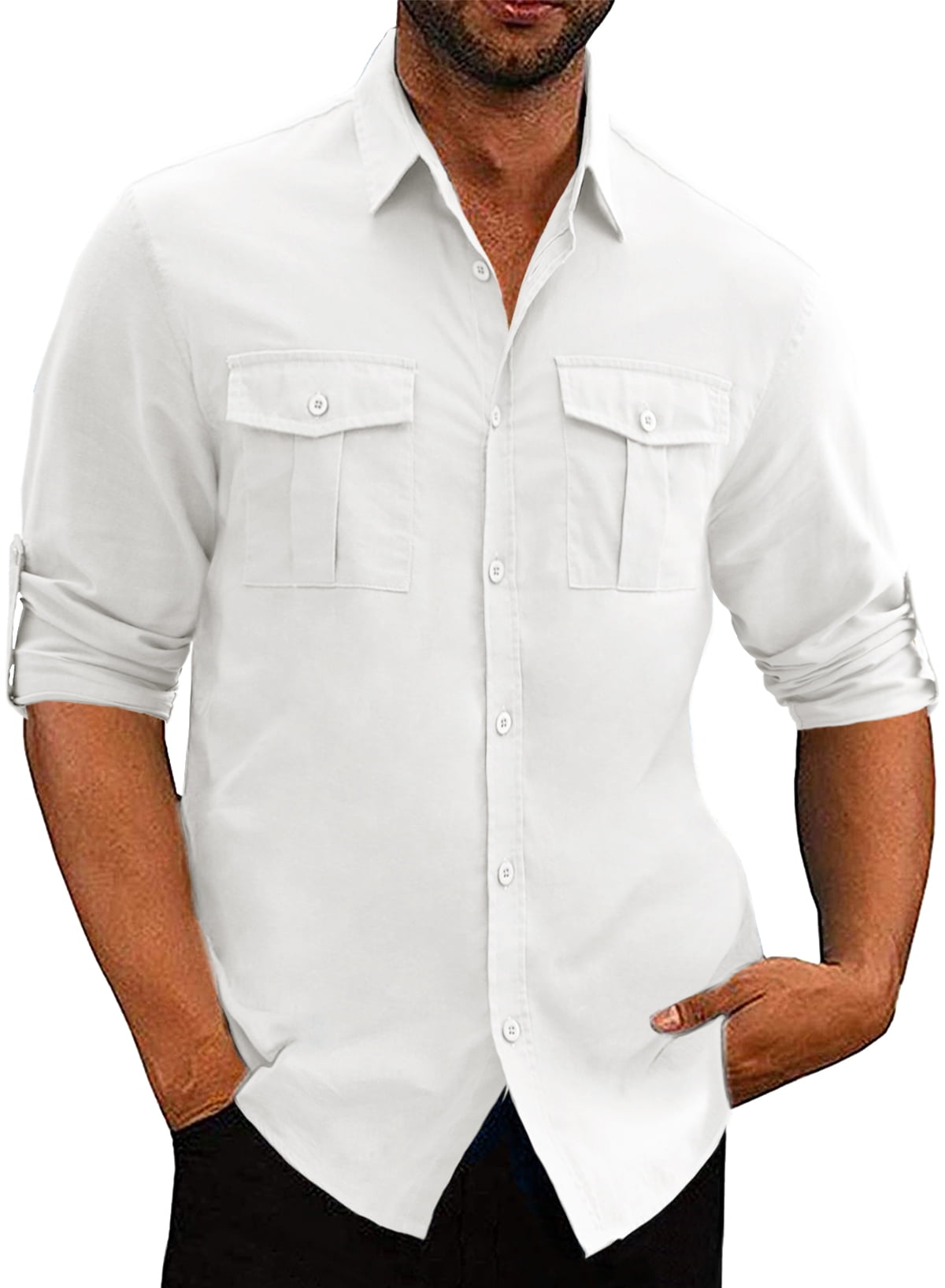 JMIERR Men's Linen Long Sleeve Shirts Casual Stylish Button Down Beach ...