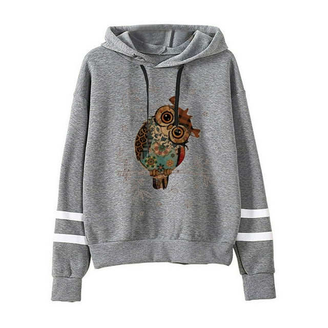 Fashnice Chandails en Molleton à Capuche pour Femmes Manches Longues Chandails à Capuchon Imprimé Hibou Chandail Chaud Automne Chandail à Capuchon Chandail en Molleton Gris G