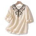 thumbnail image 2 of Lovskoo Cotton Linen Shirts for Women 3/4 Sleeve V Neck Loose T-Shirt Solid Color Embroidered Summer Tops Shirt Khaki, 2 of 9