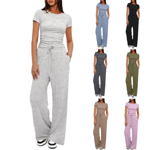 LYMAYTER Women Short Sleeve Suit Casual Slim Ruched Shirts Wide Leg Pants 2 Piece for Tracksuit Sets XS-2XL