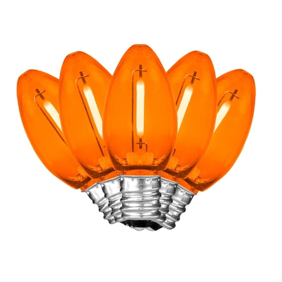 Novelty Lights 25 Pack C7 LED Filament Bulbs, Orange Shatterproof Plastic Replacement Christmas Lights, E12 Base, Indoor/Outdoor Strings, Dimmable