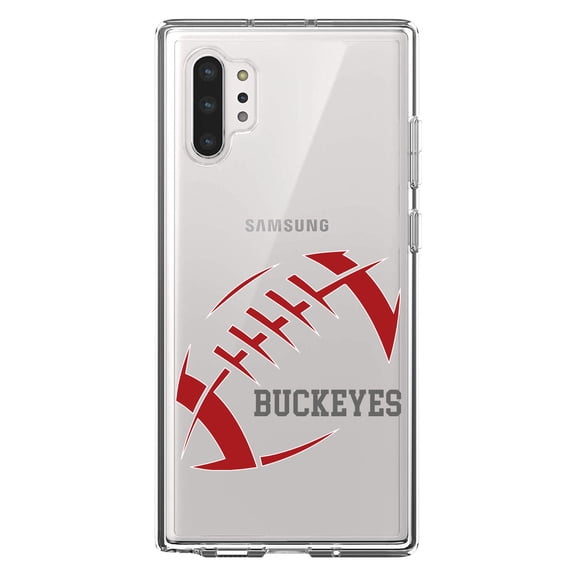 DistinctInk Clear Shockproof Hybrid Case for Galaxy Note 10 PLUS (6.8" Screen) - TPU Bumper, Acrylic Back, Tempered Glass Screen Protector - Buckeyes Football - Scarlet, Gray