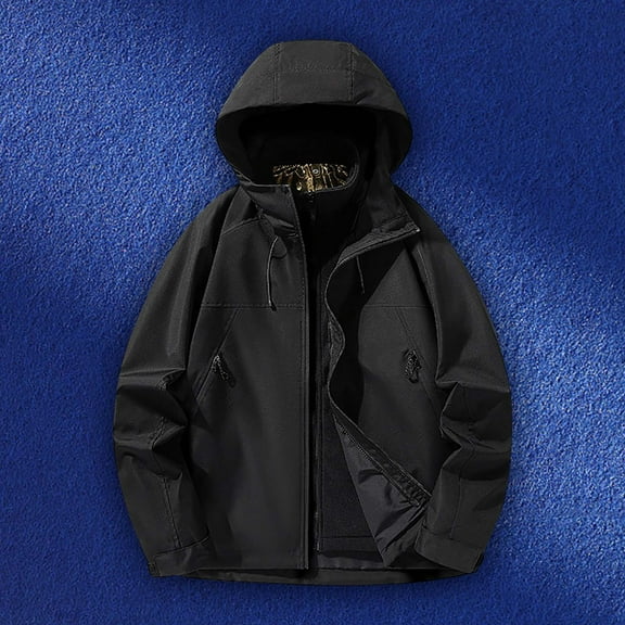 Mens 3 in 1 Rain Jackets with Zipper Pockets and Hood Removeable Fleece Jacket Solid Long Sleeve Zip-Up Waterproof Warm Hiking Outerwear Raincoats