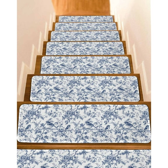 Blue Bird Flower Stair Treads for Wooden Steps Indoor Runner Rug Carpet, Retro Tree Branch Floral Fall Winter 7 Pieces Peel and Stick Staircase Step Treads Covers Washable Throw Door Mats, 30"x8"