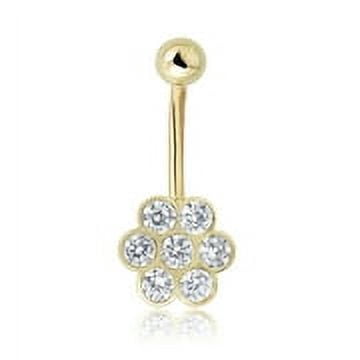 AVORA 10K Yellow Gold Bezel-set Simulated Diamond CZ Flower Belly Button Ring Body Jewelry (14 Gauge)