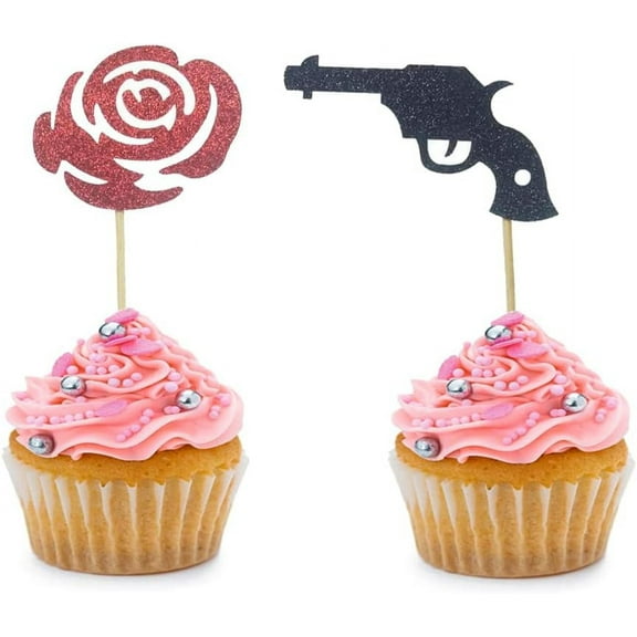 12pcs Guns or Roses Cupcake Toppers for Gender Reveal Party Baby Shower Birthday Party Decorations - Boy or Girl - He or She Cake Decorations Supplies