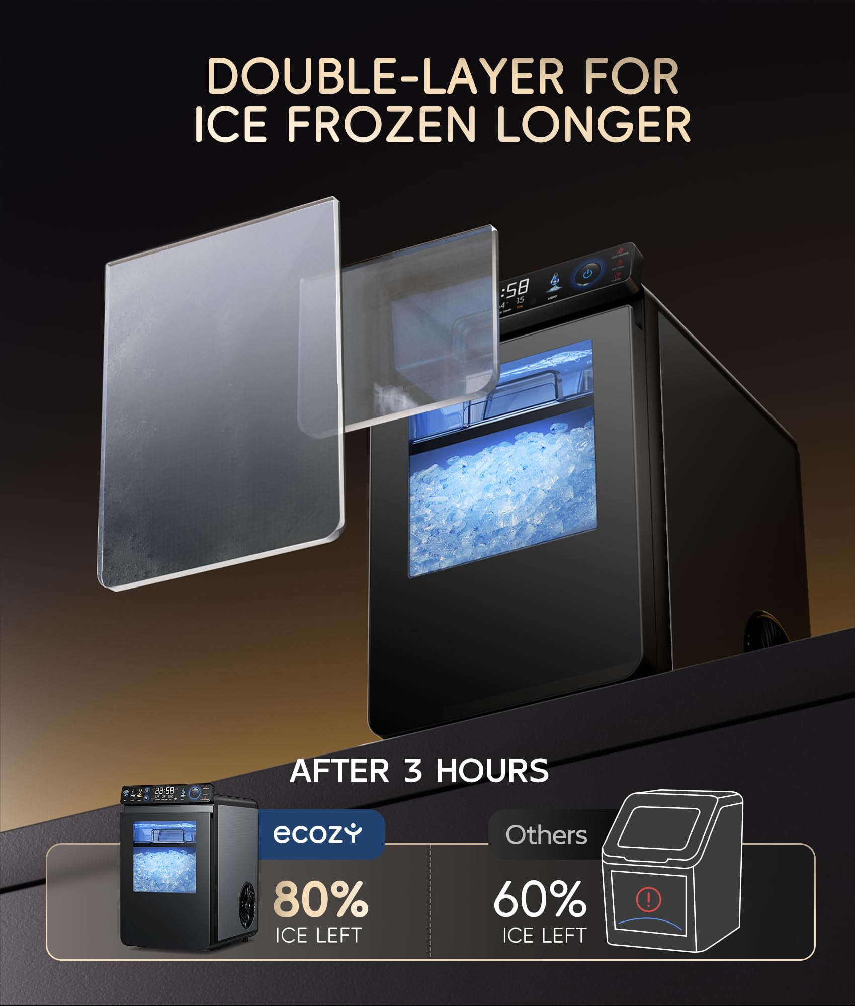 Ecozy Chillio Nugget Ice Maker with Smart App Control, Pebble Sonic Ice Machine Countertop, 44LBS Per Day Chewable Soft Pellet Ice